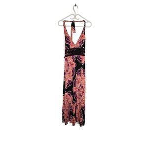 Bisou Bisou Halter Maxi Dress Stretch Boho Paisley Print Open Back Y2K Small